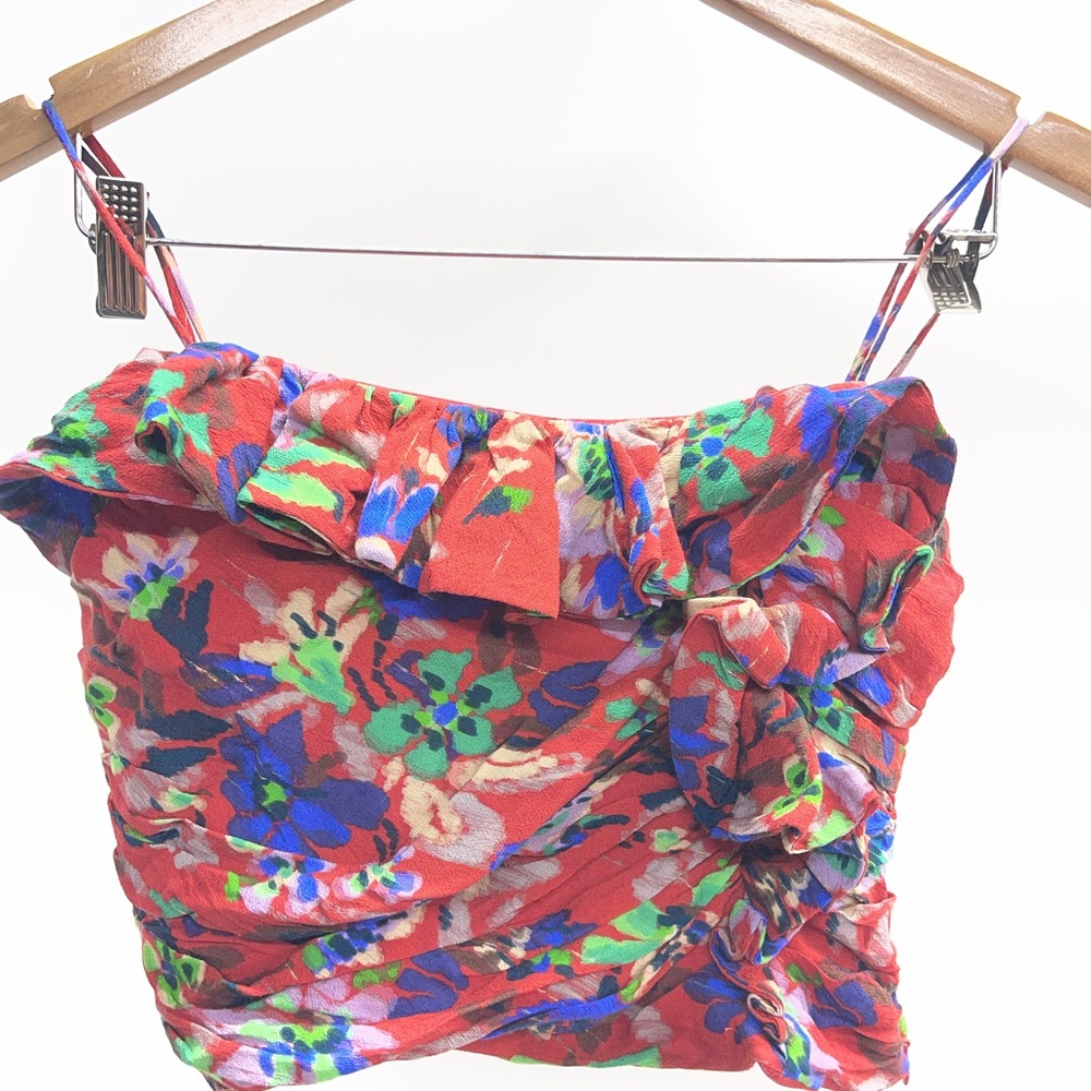 Zara Red Floral Ruffle Ruched Crop Top - Picture 2 of 4